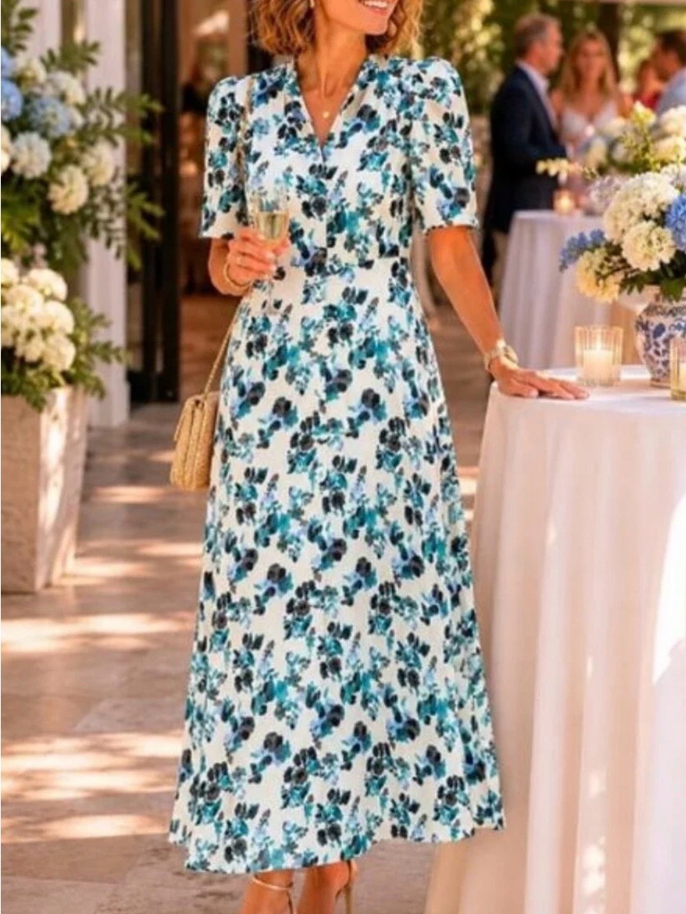 Small Tuckernuck Blue Blooms Linen Midi Dress - Picture 5 of 10